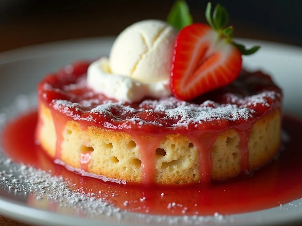 Rhubarb dump cake topped with ice cream and strawberries