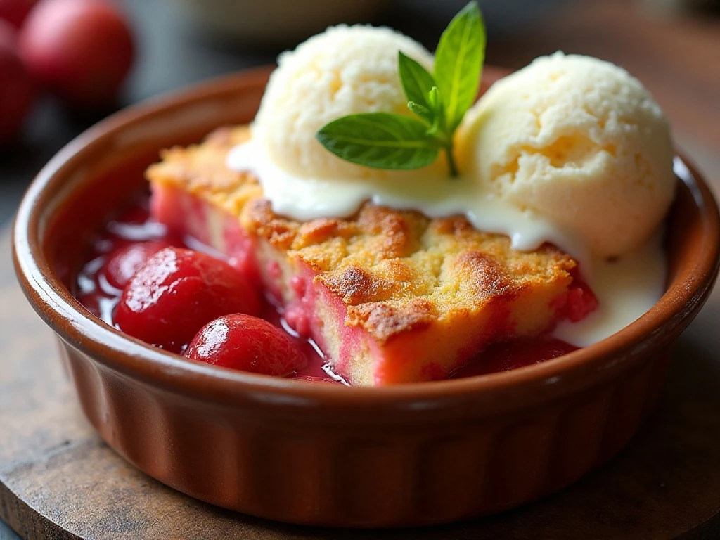 Warm rhubarb dump cake served with vanilla ice cream
