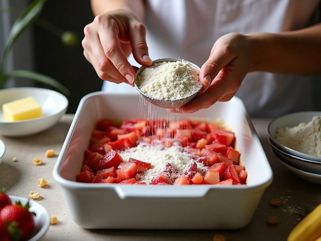 Layering dry cake mix over rhubarb for dump cake