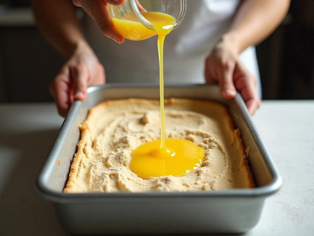 Drizzling butter evenly over rhubarb dump cake layers