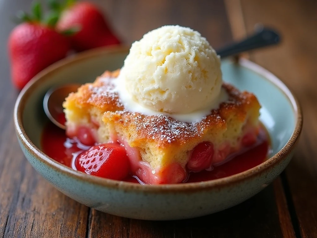Individual serving of rhubarb dump cake with ice cream