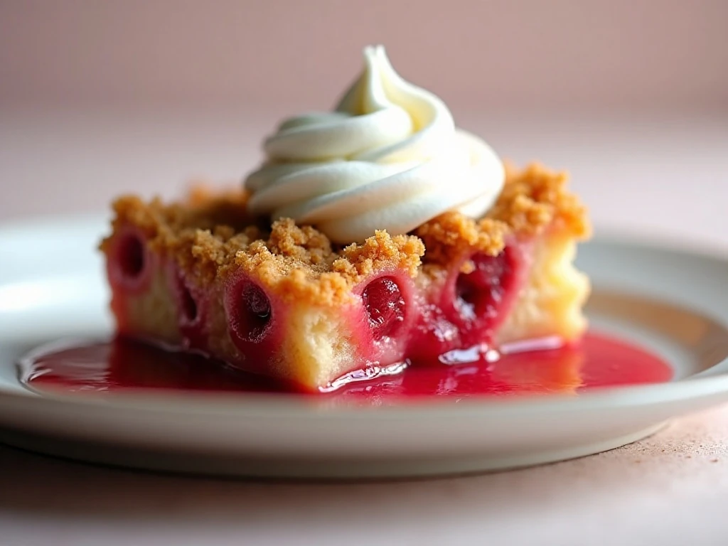 Reheated rhubarb dump cake with whipped cream