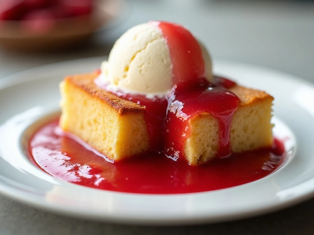 Warm rhubarb sauce served over vanilla ice cream and pound cake