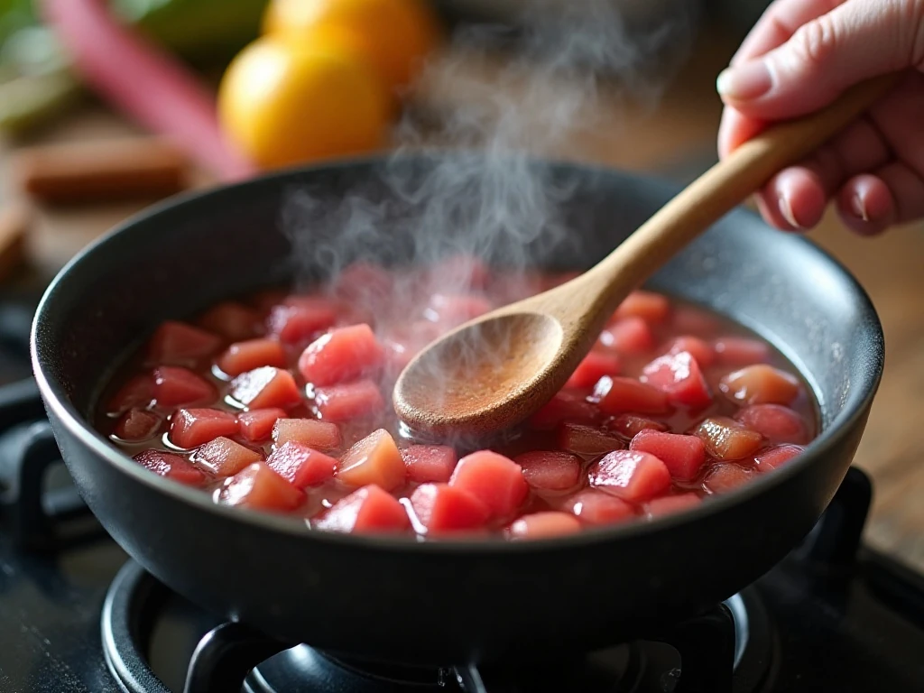 Rhubarb sauce simmering in a saucepan