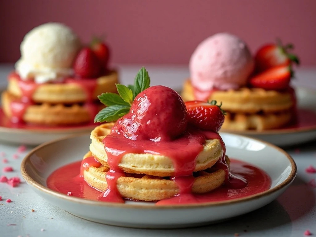 Different desserts served with rhubarb sauce