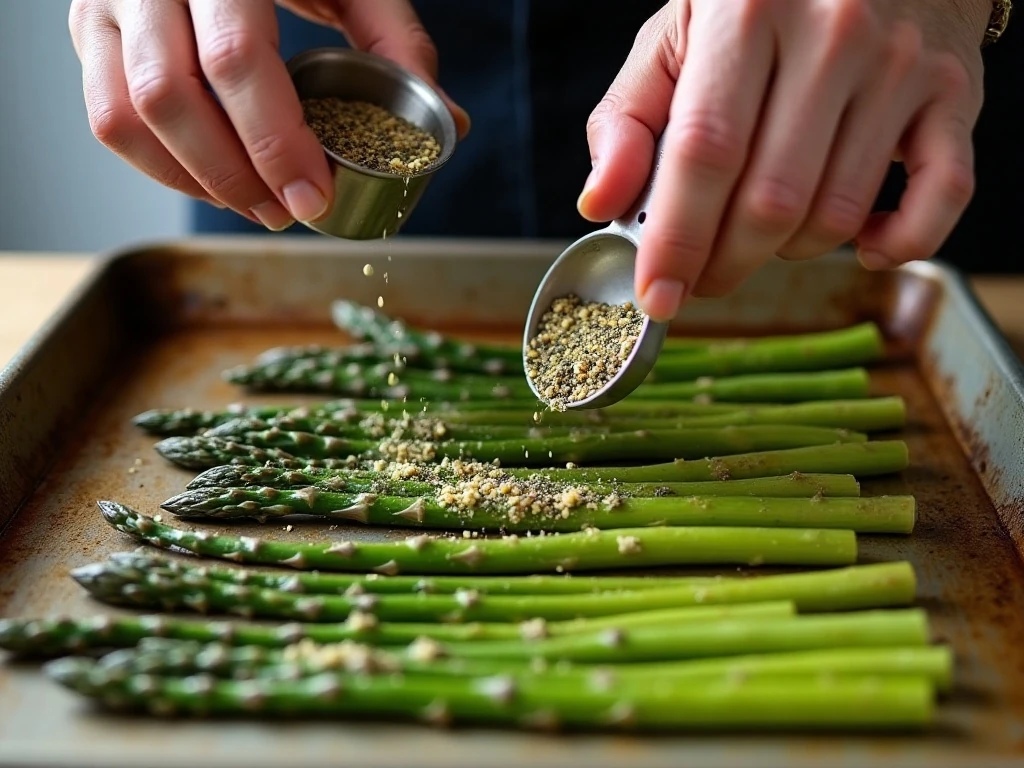 Seasoned asparagus arranged on a baking sheet before roasting