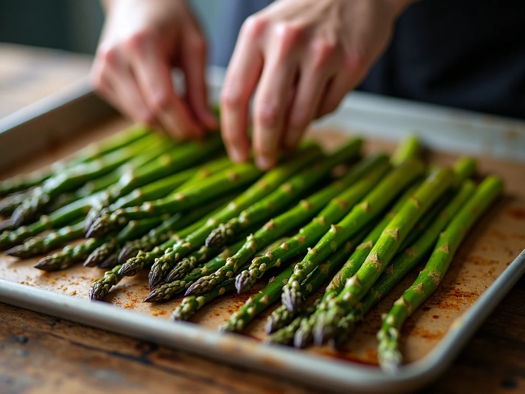 Turning asparagus halfway through roasting for even browning