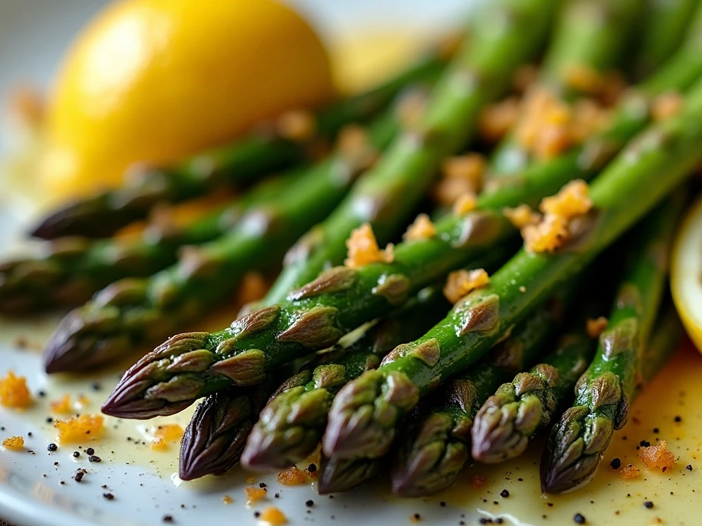 Close-up of lemon zest and roasted asparagus tips