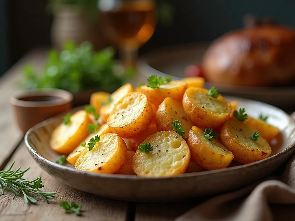 Crispy golden roasted potatoes served as a dinner side dish