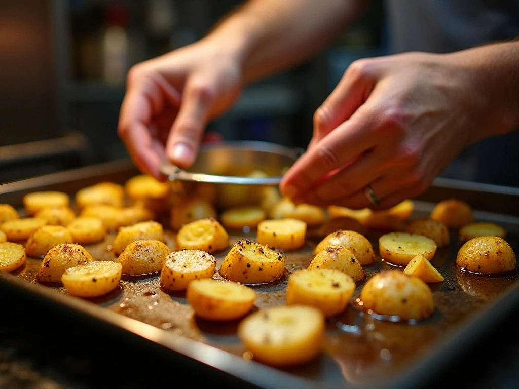 Seasoned potatoes arranged on a hot baking sheet before roasting