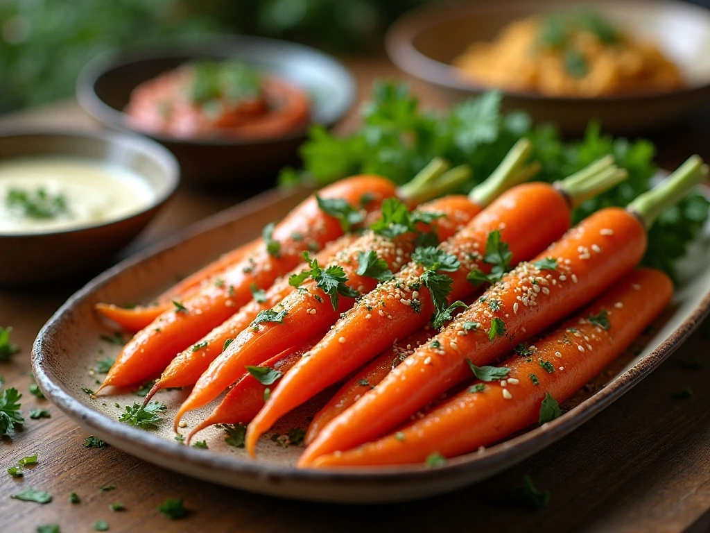 Roasted whole carrots with creamy tahini dressing served on a platter