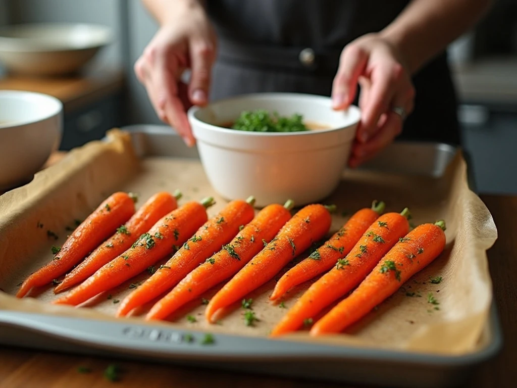 Seasoned carrots arranged on a baking sheet before roasting
