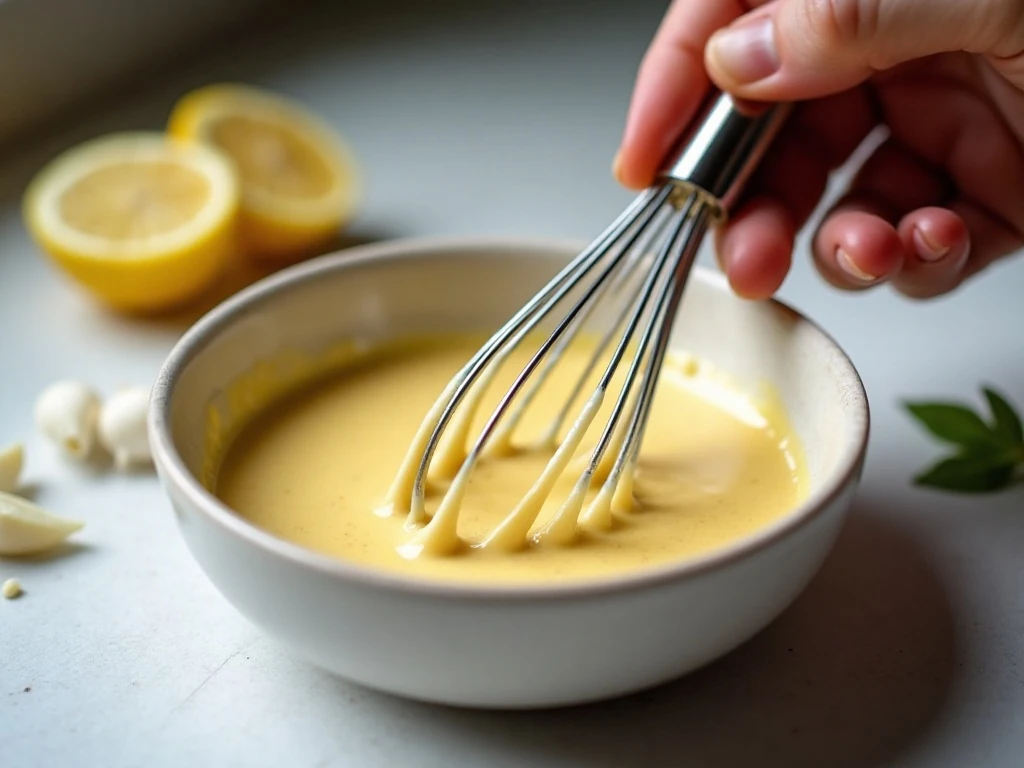 Whisking creamy lemon tahini dressing in a bowl