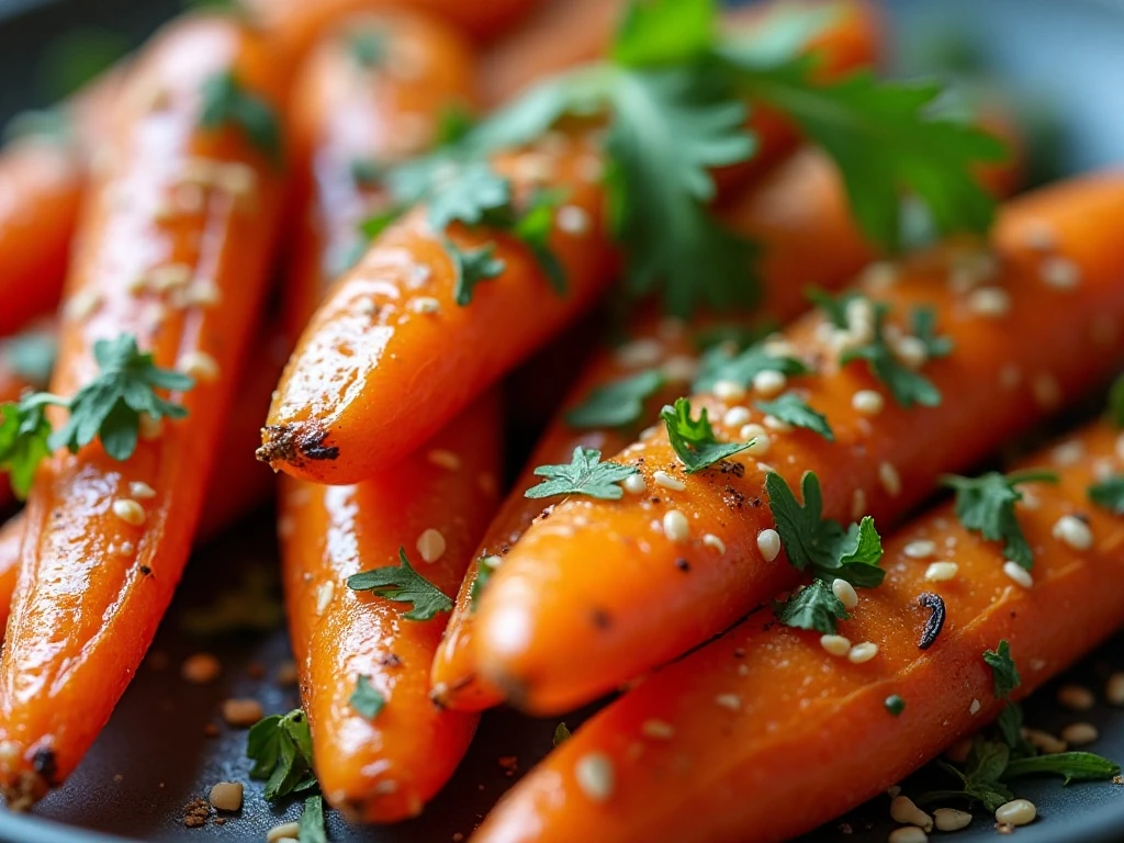Close-up of tahini-dressed roasted carrots with herbs and sesame seeds