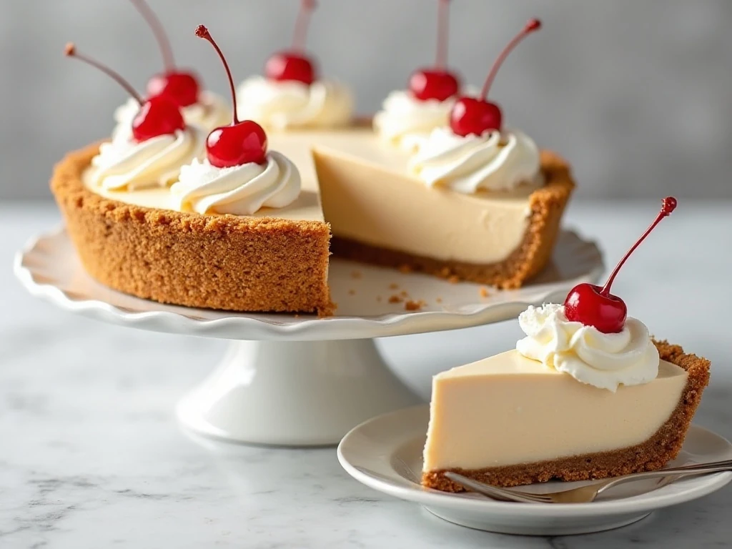 Whole root beer float pie with a slice showing the creamy frozen filling