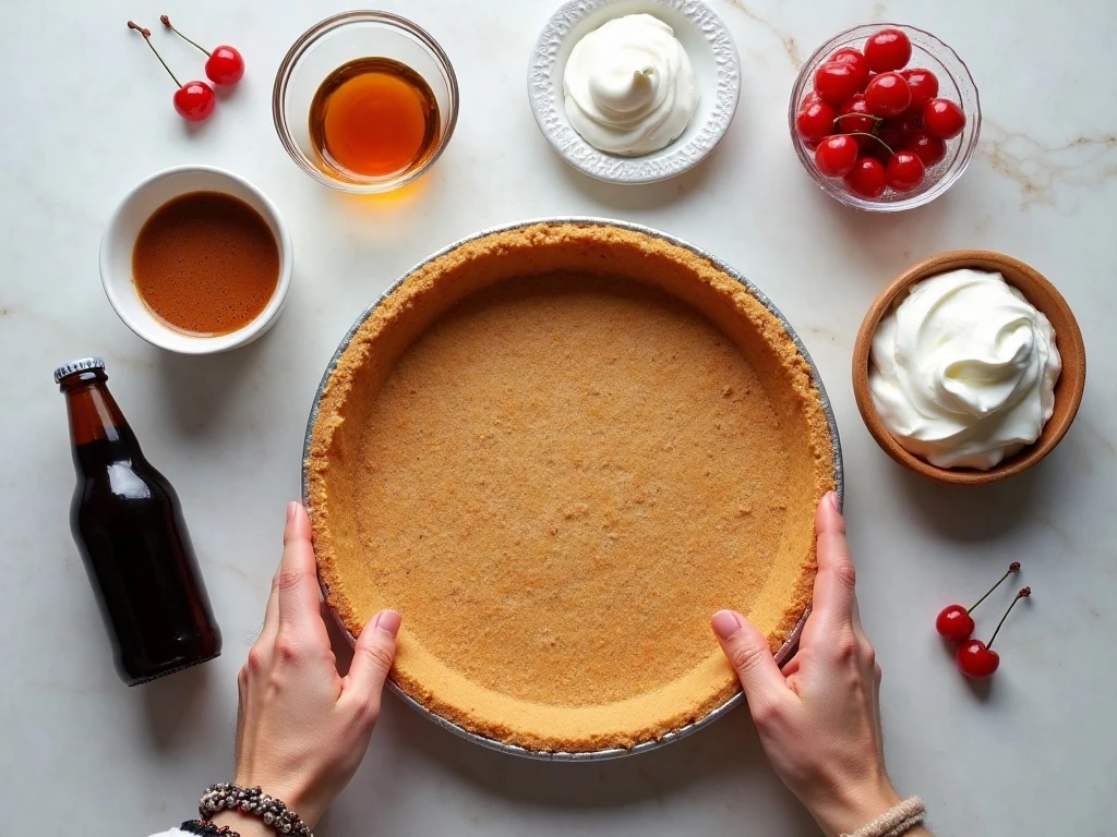 Ingredients for an easy root beer float pie arranged in a flat lay