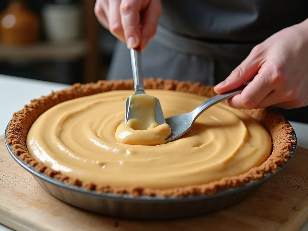 Smoothing creamy root beer pie filling into a graham cracker crust
