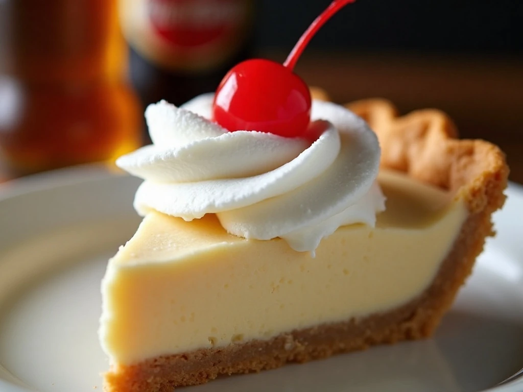 Close-up of whipped cream and cherry garnish on root beer float pie