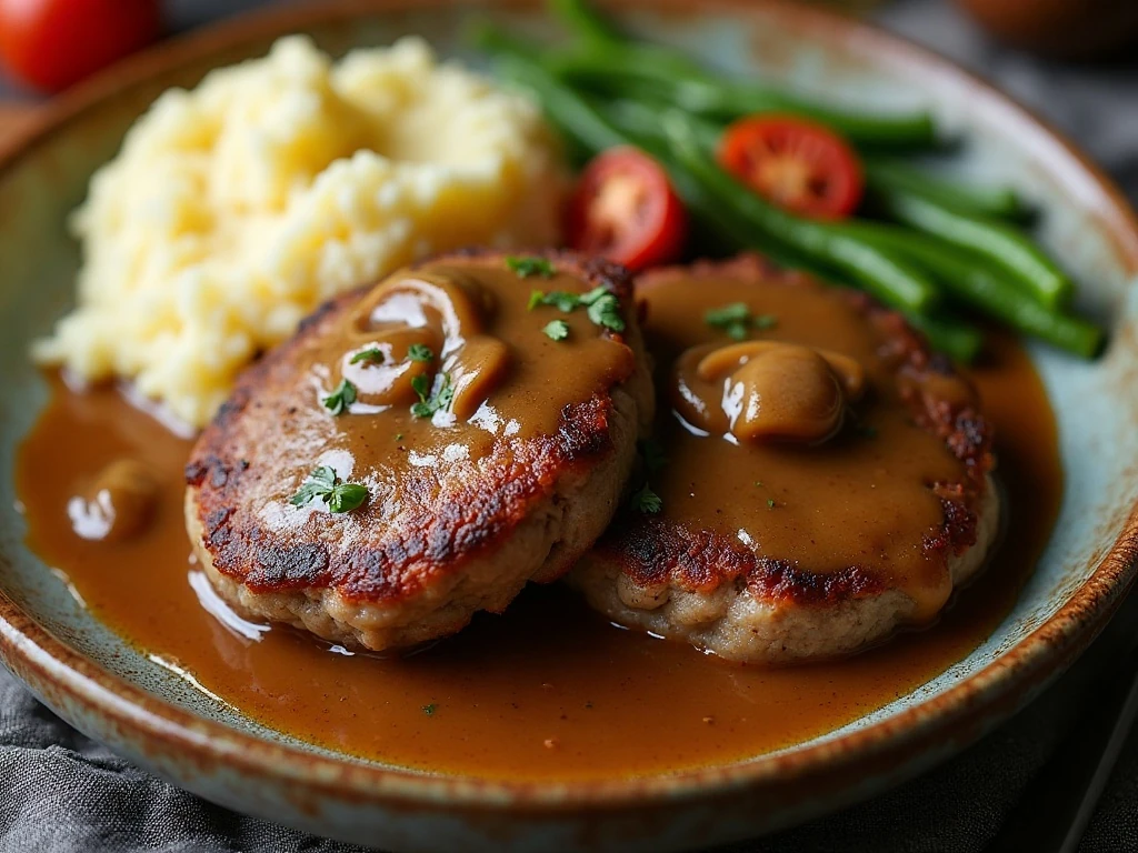Salisbury steak with onion mushroom gravy and mashed potatoes