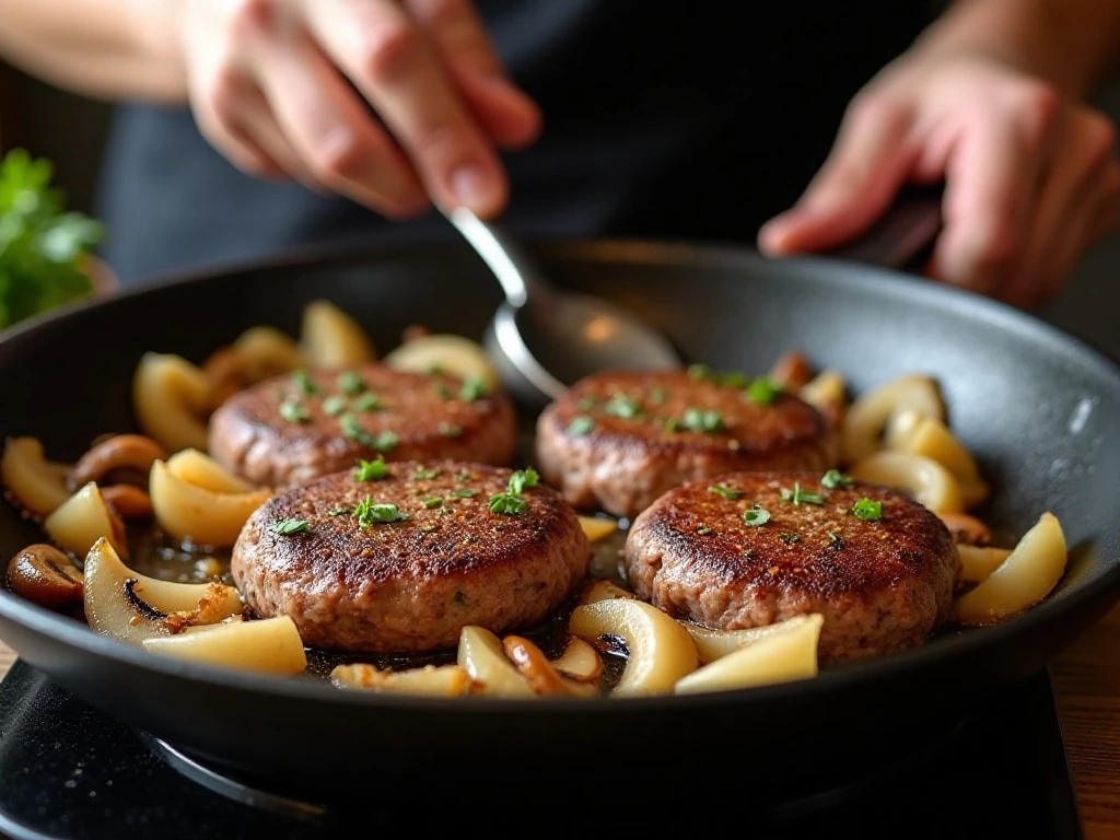 Salisbury steak patties browning in a skillet with onions and mushrooms