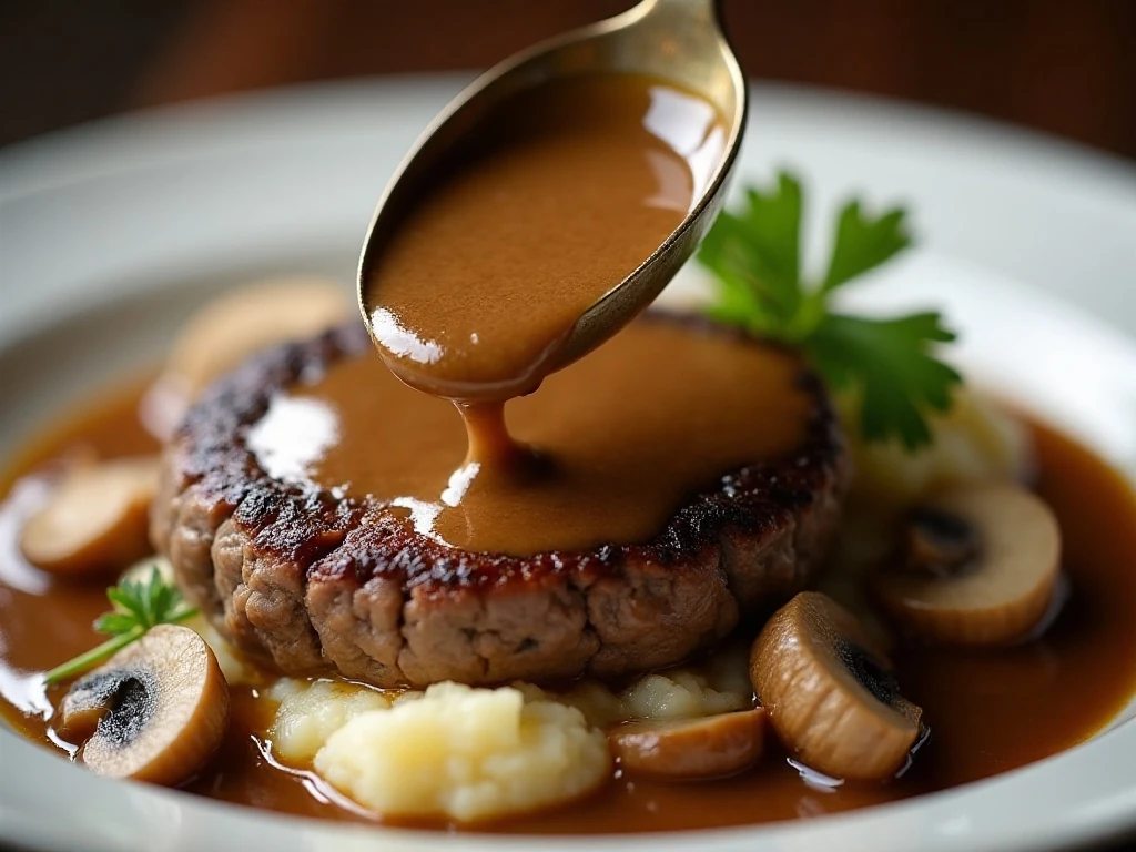 Close-up of Salisbury steak gravy served with mashed potatoes