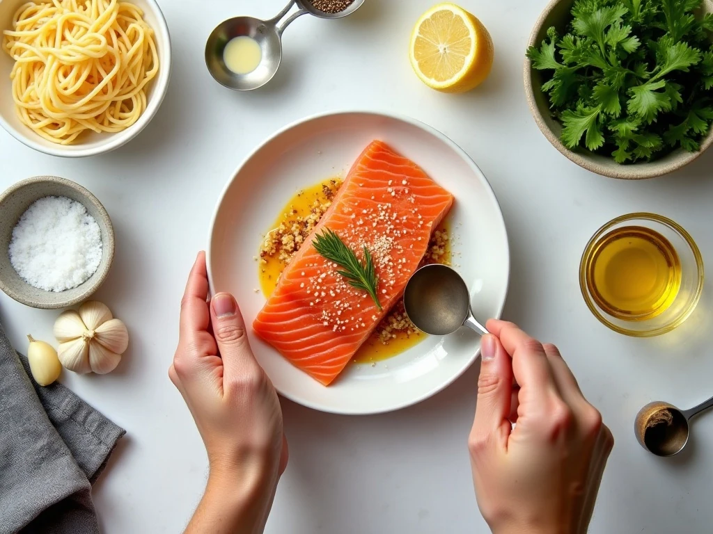 Ingredients for easy salmon pasta arranged in a flat lay
