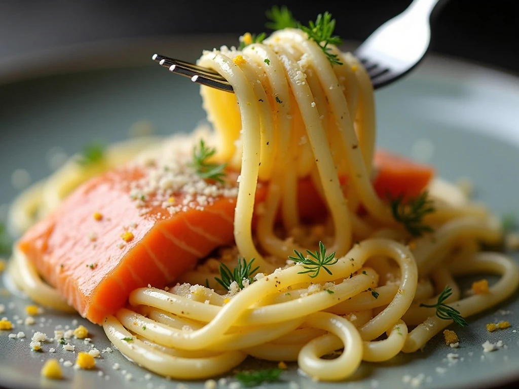 Close-up of salmon pasta garnished with Parmesan, lemon, and dill