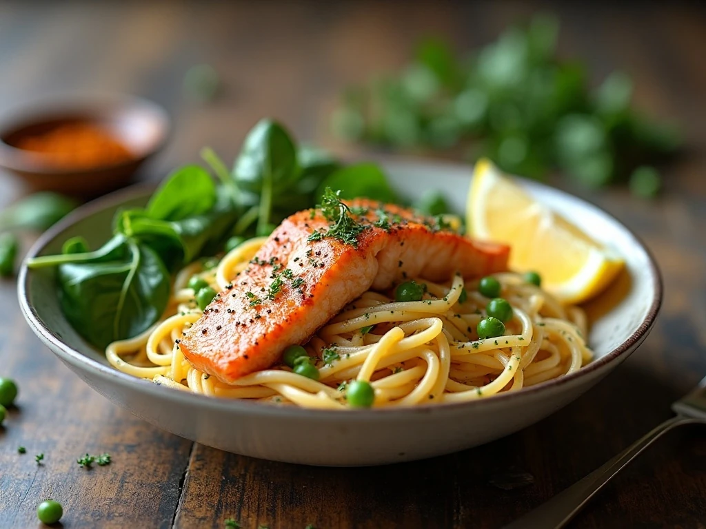 Salmon pasta served with spinach, peas, lemon, and herbs