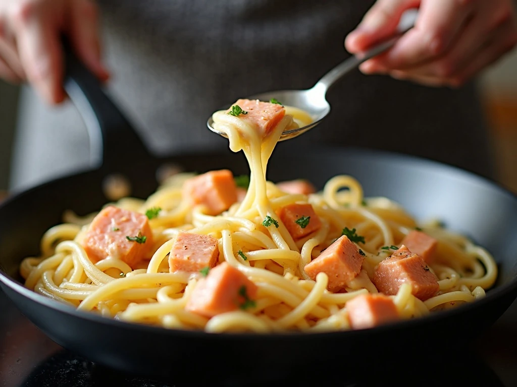 Gently reheating creamy salmon pasta in a skillet