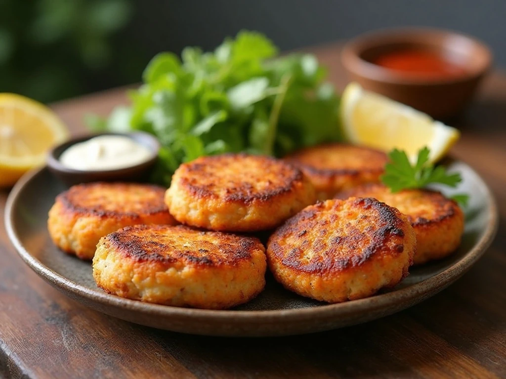 Crispy salmon patties served with lemon wedges and tartar sauce