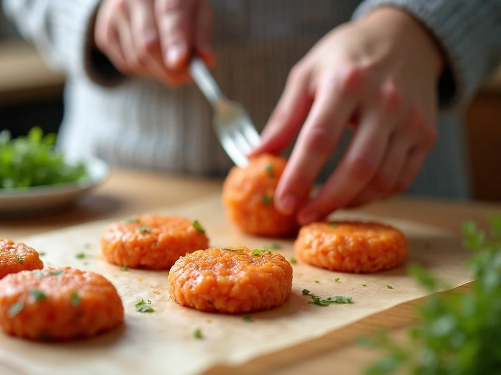 Shaping salmon mixture into patties before frying