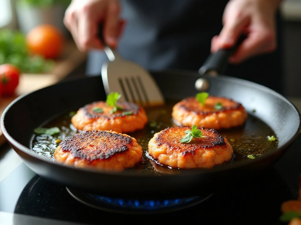 Salmon patties frying until golden and crisp in a skillet