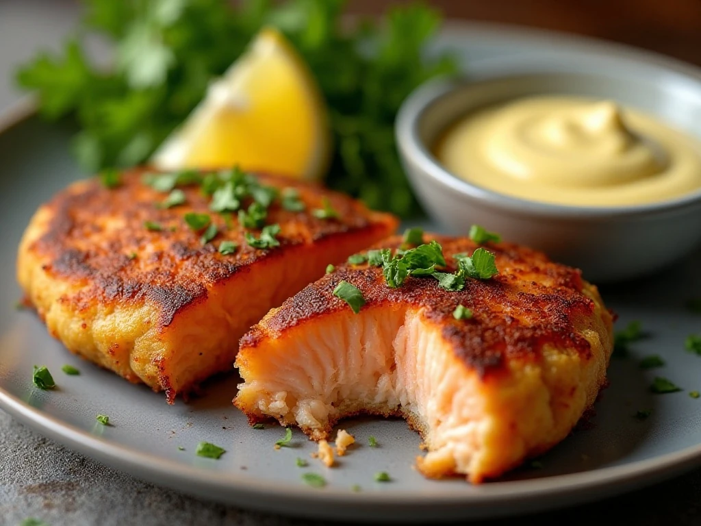 Close-up of a tender salmon patty with parsley and remoulade