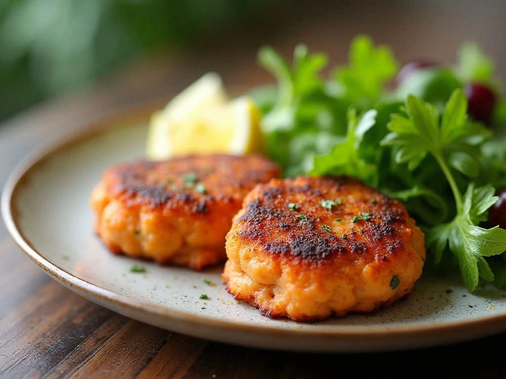 Reheated salmon patties served with salad and lemon