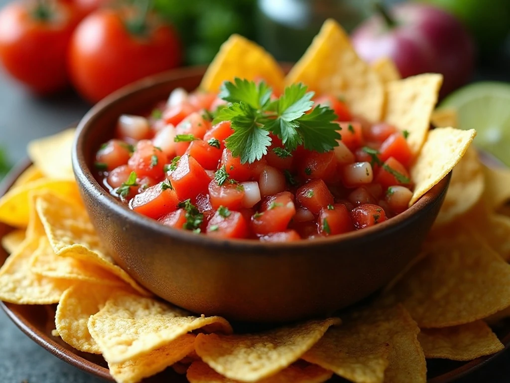 Fresh homemade tomato salsa served with tortilla chips
