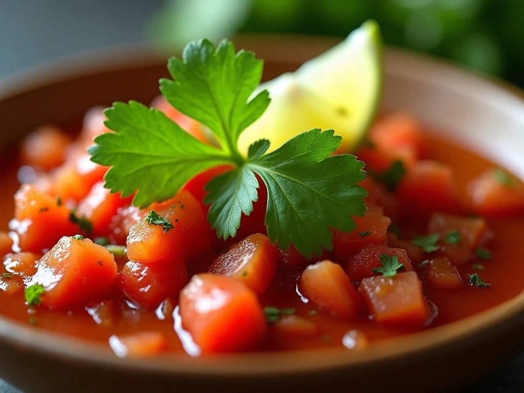 Fresh cilantro and lime garnish on tomato salsa