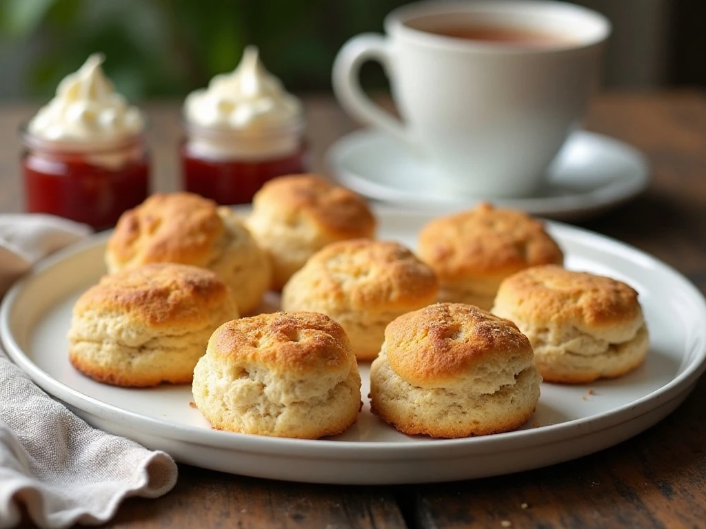 Freshly baked light and flaky scones served with jam and cream