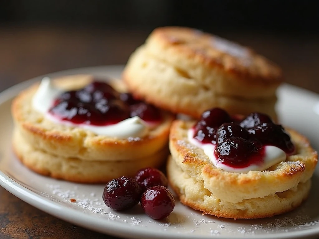 Flaky scone split open and served with jam and cream