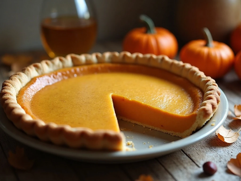 Finished easy self-crust pumpkin pie with one slice showing the creamy filling
