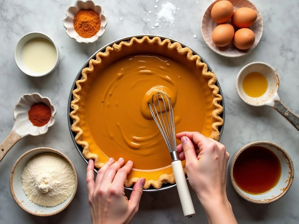 Ingredients for easy self-crust pumpkin pie arranged for baking