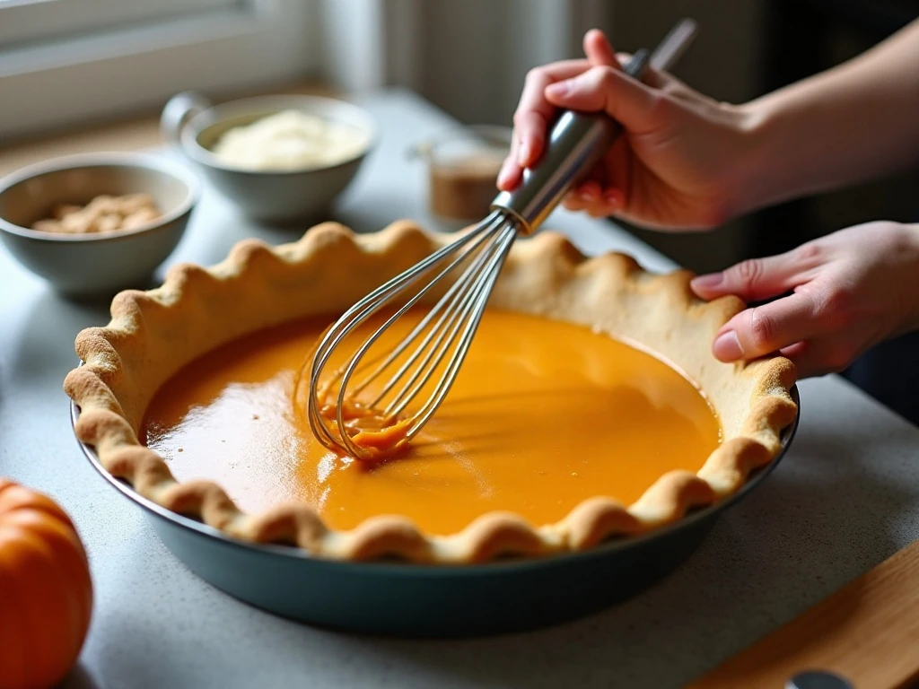 Pumpkin pie batter being whisked before baking