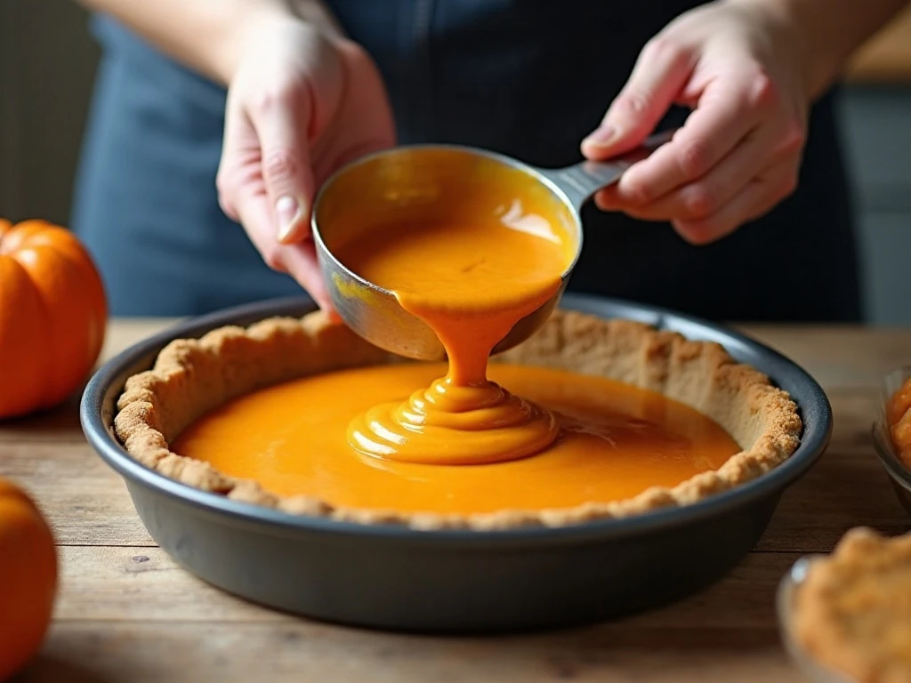 Pumpkin pie mixture poured into a prepared pie plate