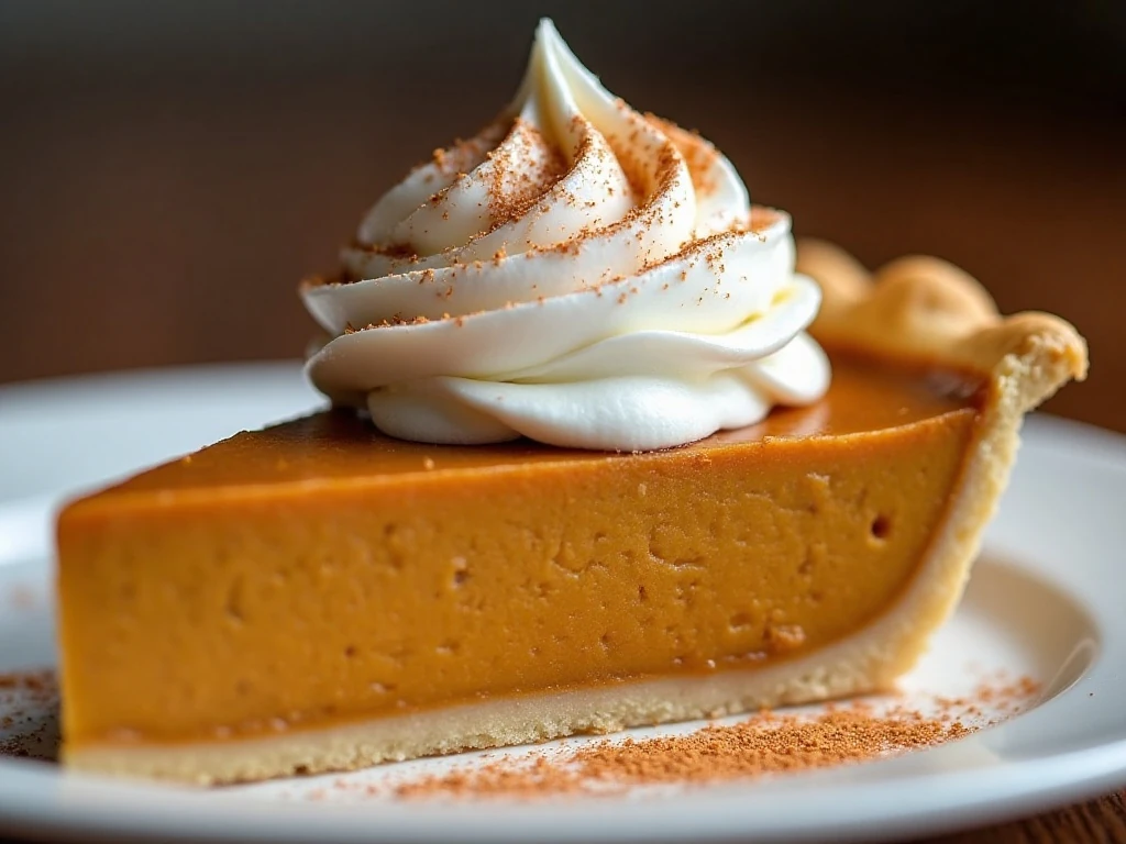 Pumpkin pie slice topped with whipped cream and pumpkin pie spice