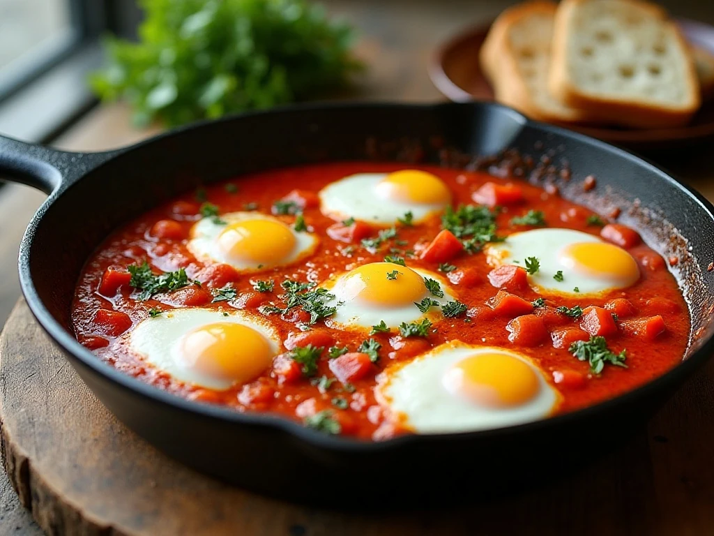 Skillet of easy shakshuka with poached eggs and crusty bread