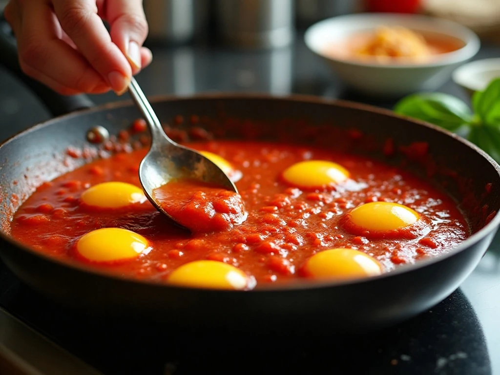Making wells in tomato sauce before adding eggs to shakshuka