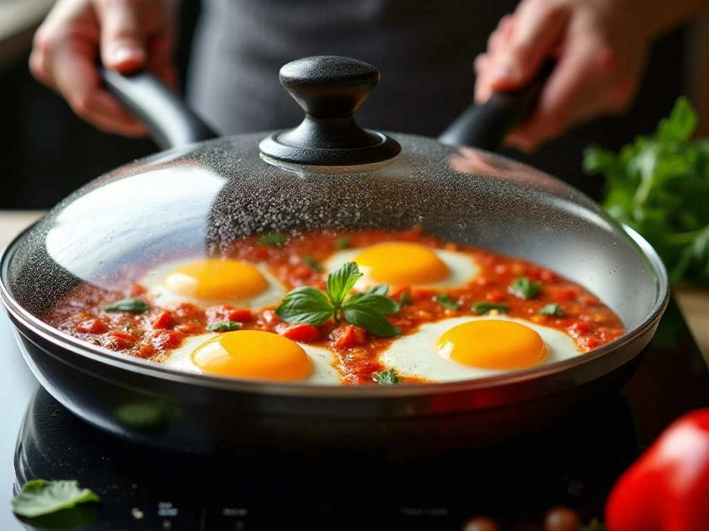Eggs poaching in tomato sauce under a skillet lid