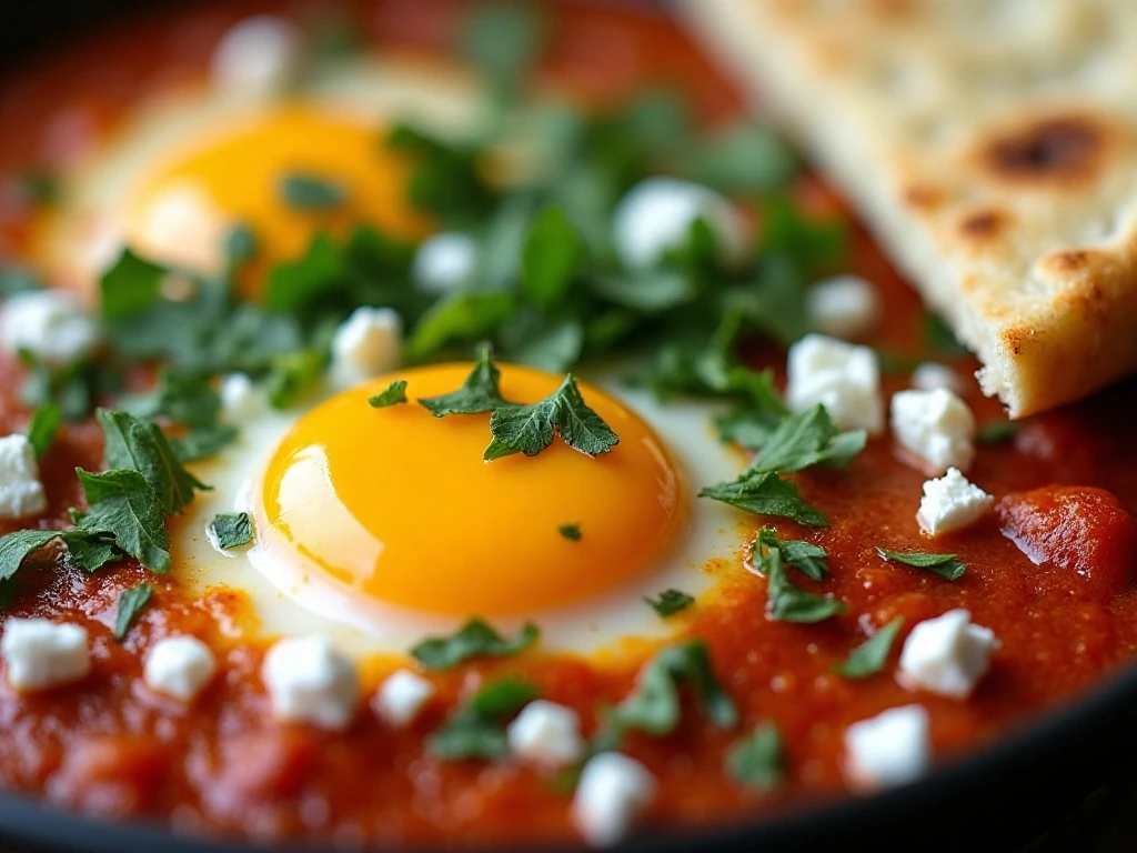 Shakshuka garnished with fresh herbs and crumbled feta