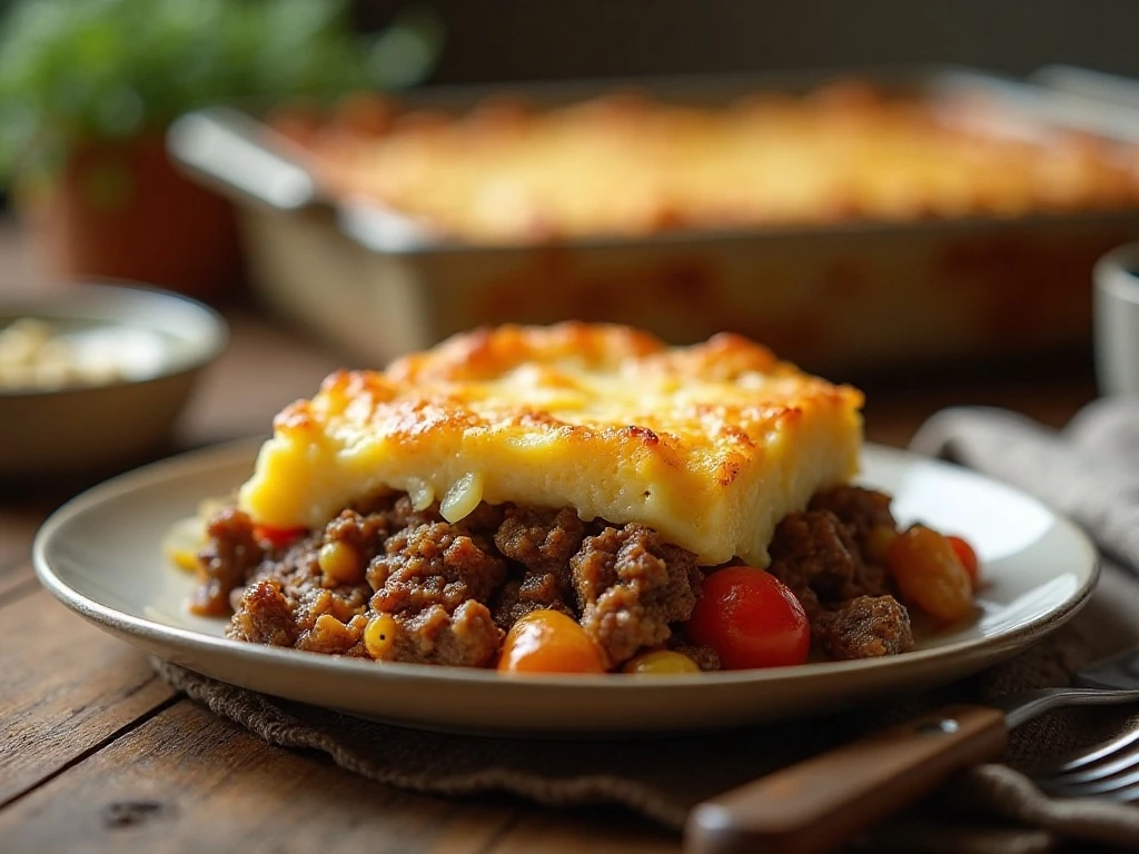 A comforting serving of homemade shepherd’s pie with golden mashed potatoes