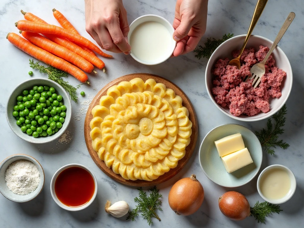 Ingredients for easy shepherd’s pie arranged on a kitchen counter