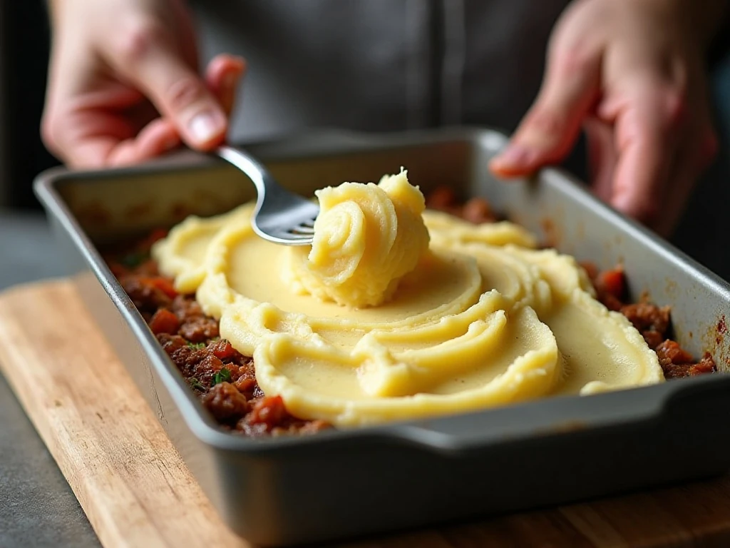 Mashed potatoes being spread over the shepherd’s pie filling before baking